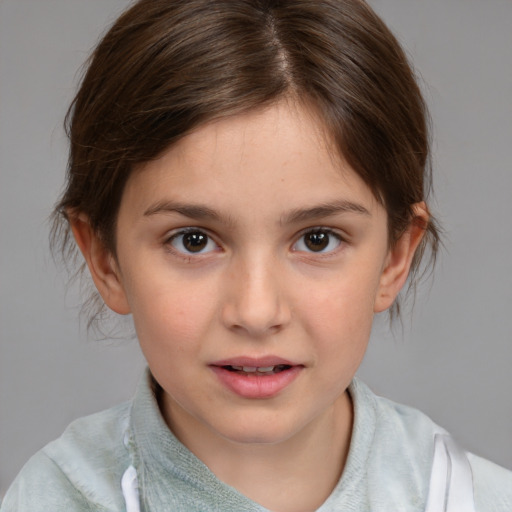 Joyful white child female with medium  brown hair and brown eyes