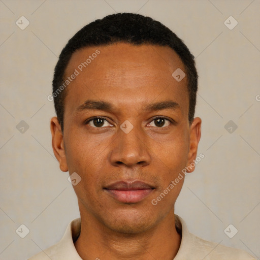 Neutral black young-adult male with short  black hair and brown eyes