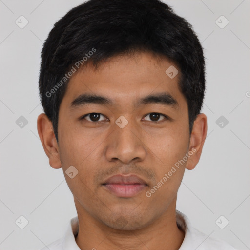 Neutral asian young-adult male with short  black hair and brown eyes