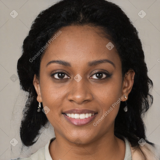 Joyful black young-adult female with medium  black hair and brown eyes