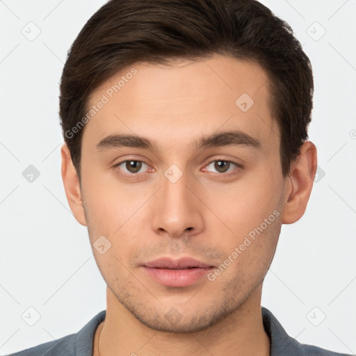 Neutral white young-adult male with short  brown hair and brown eyes