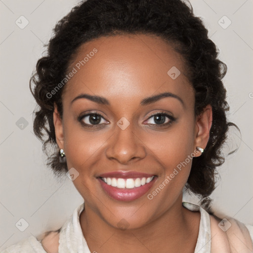 Joyful black young-adult female with medium  brown hair and brown eyes