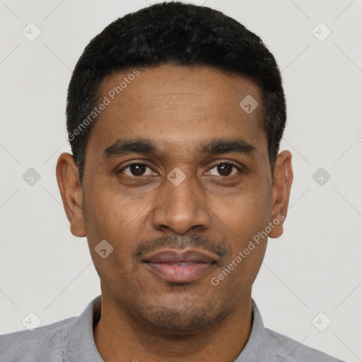Neutral latino young-adult male with short  black hair and brown eyes