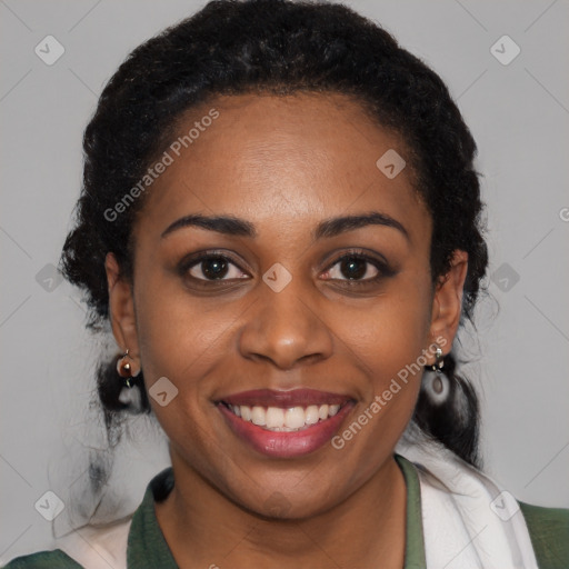 Joyful black young-adult female with medium  black hair and brown eyes