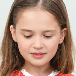 Joyful white child female with long  brown hair and brown eyes