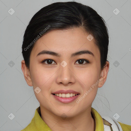 Joyful white young-adult female with medium  brown hair and brown eyes