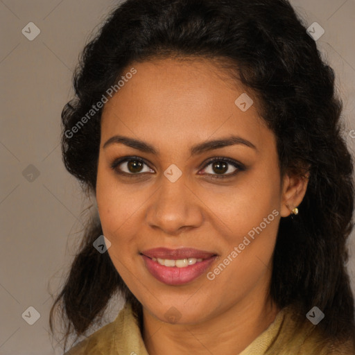 Joyful latino young-adult female with medium  brown hair and brown eyes