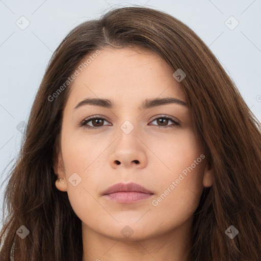 Neutral white young-adult female with long  brown hair and brown eyes