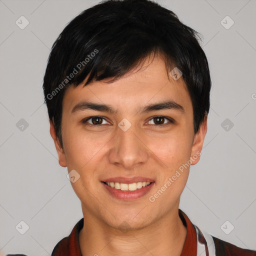 Joyful white young-adult male with short  black hair and brown eyes