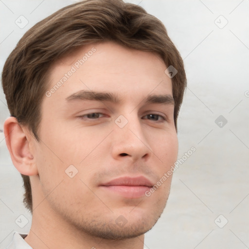 Neutral white young-adult male with short  brown hair and grey eyes