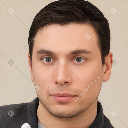 Neutral white young-adult male with short  brown hair and brown eyes