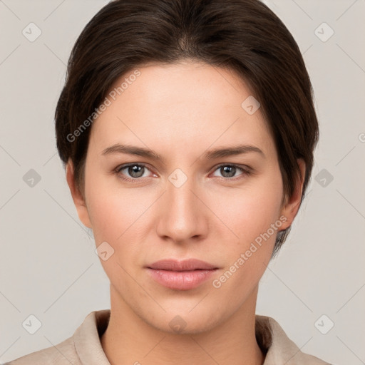 Neutral white young-adult female with short  brown hair and brown eyes