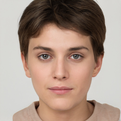 Neutral white young-adult female with short  brown hair and brown eyes