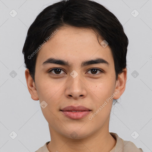 Joyful white young-adult male with short  black hair and brown eyes