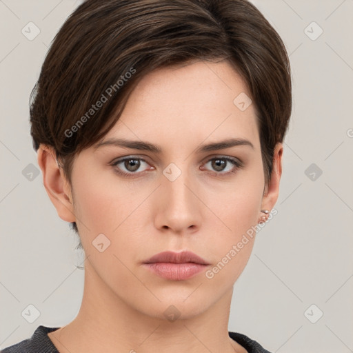 Neutral white young-adult female with short  brown hair and brown eyes