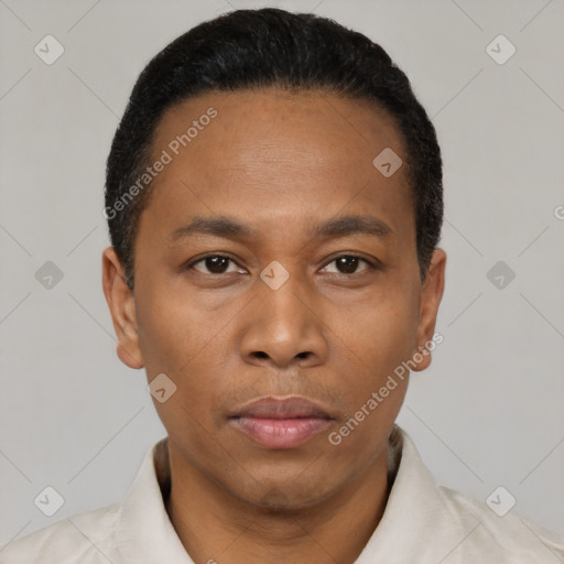 Neutral black young-adult male with short  black hair and brown eyes