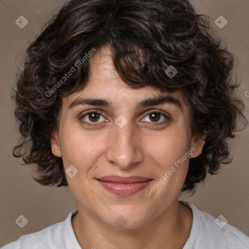 Joyful white adult female with medium  brown hair and brown eyes