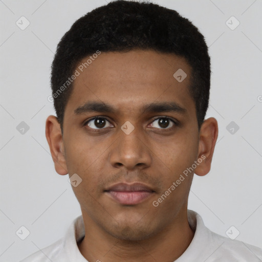 Neutral latino young-adult male with short  brown hair and brown eyes
