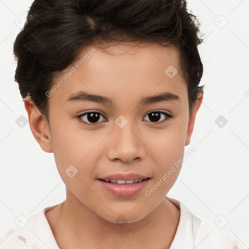 Joyful white child female with short  brown hair and brown eyes