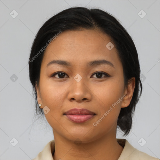 Joyful asian young-adult female with medium  black hair and brown eyes