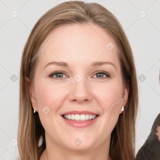 Joyful white young-adult female with long  brown hair and grey eyes