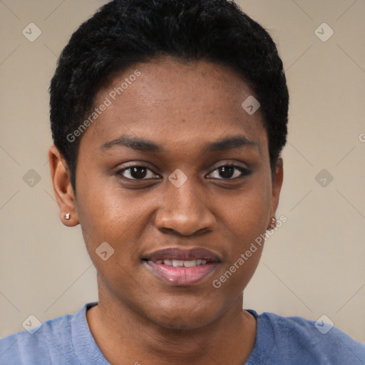 Joyful black young-adult female with short  black hair and brown eyes