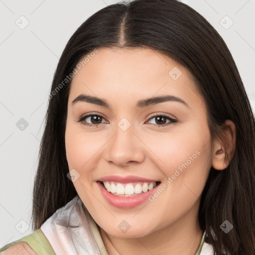 Joyful white young-adult female with long  brown hair and brown eyes