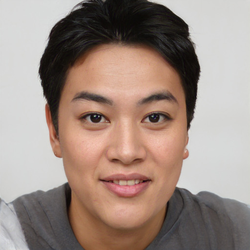 Joyful asian young-adult female with short  brown hair and brown eyes