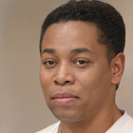 Joyful black young-adult male with short  brown hair and brown eyes