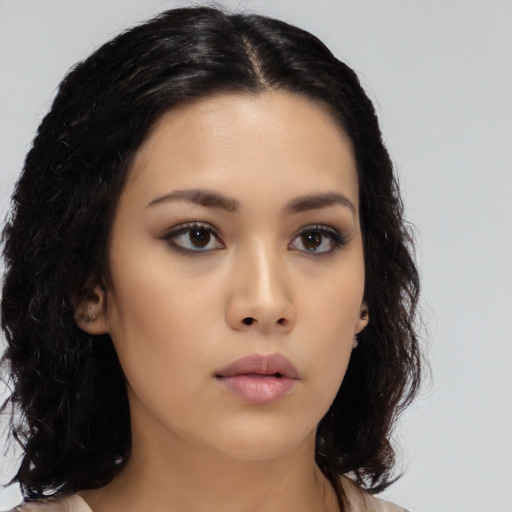 Neutral asian young-adult female with long  black hair and brown eyes