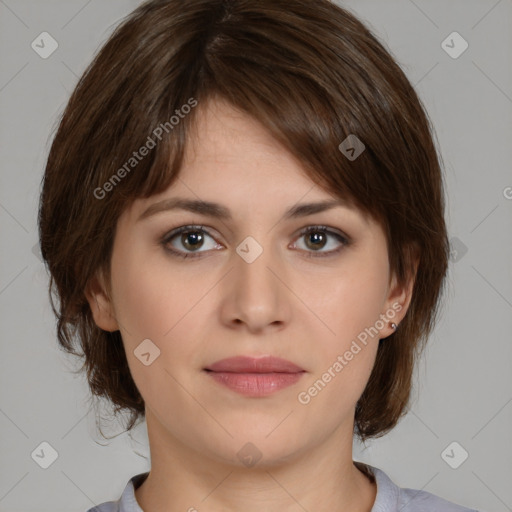 Neutral white young-adult female with medium  brown hair and brown eyes