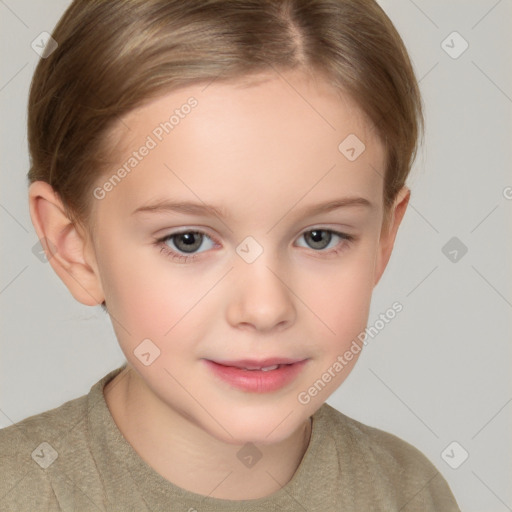 Joyful white child female with short  brown hair and brown eyes