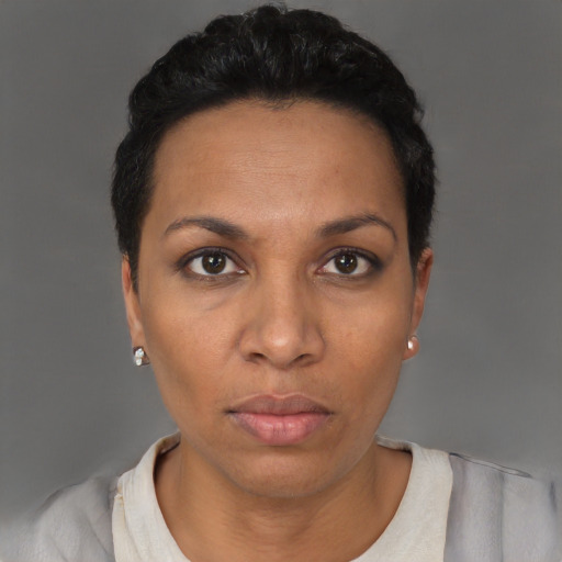 Neutral latino adult female with short  black hair and brown eyes
