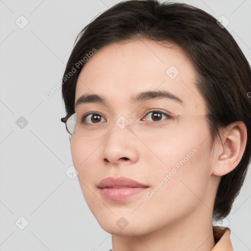 Neutral white young-adult female with medium  brown hair and brown eyes