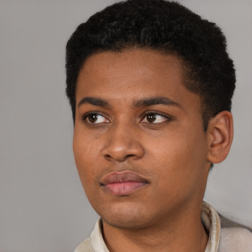 Neutral black young-adult male with short  black hair and brown eyes
