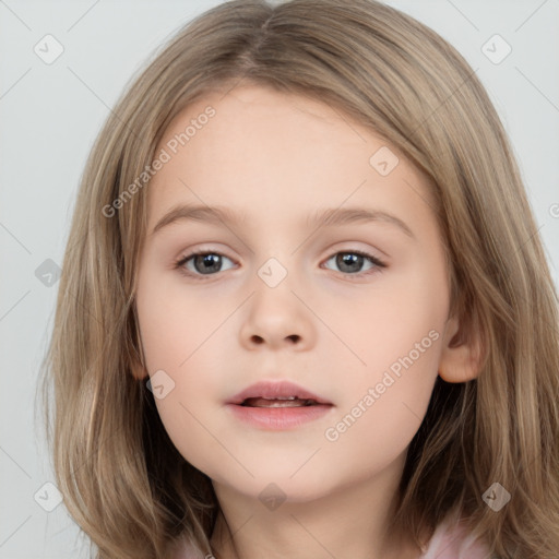 Neutral white child female with long  brown hair and brown eyes