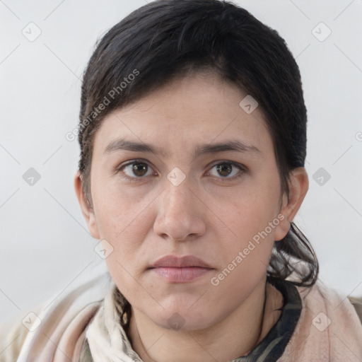 Neutral white young-adult female with short  brown hair and brown eyes