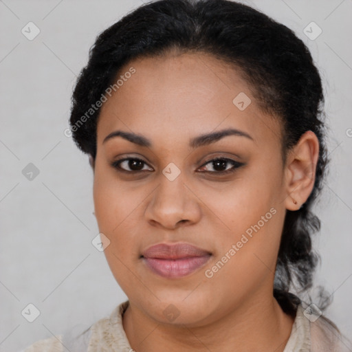 Joyful latino young-adult female with short  brown hair and brown eyes