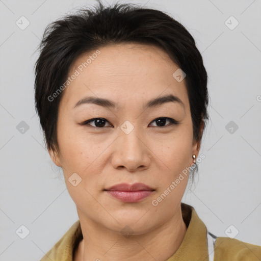 Joyful asian young-adult female with short  brown hair and brown eyes