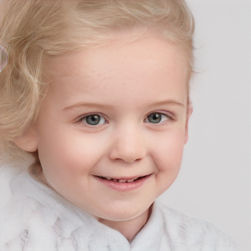 Joyful white child female with short  blond hair and blue eyes