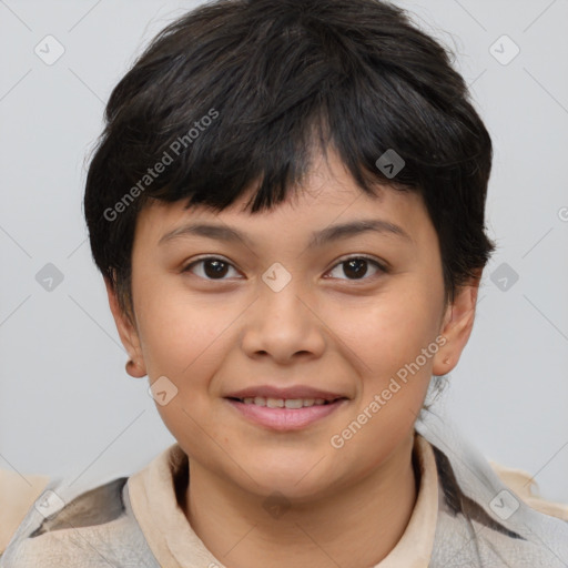 Joyful white child female with medium  brown hair and brown eyes