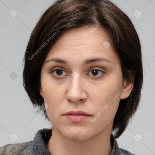 Neutral white young-adult female with medium  brown hair and grey eyes