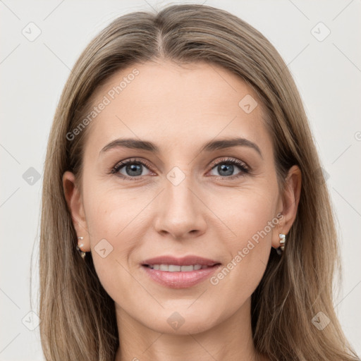 Joyful white young-adult female with long  brown hair and grey eyes