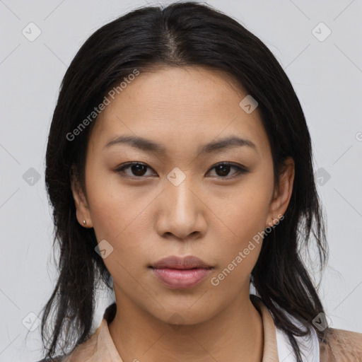 Neutral asian young-adult female with medium  black hair and brown eyes