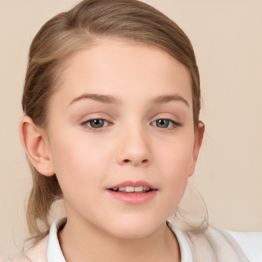 Joyful white child female with medium  brown hair and blue eyes