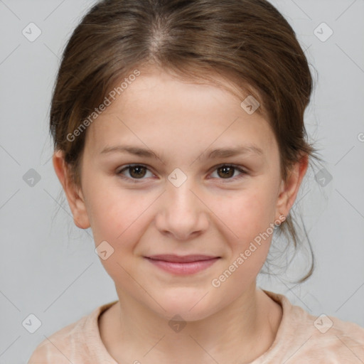 Joyful white child female with medium  brown hair and brown eyes