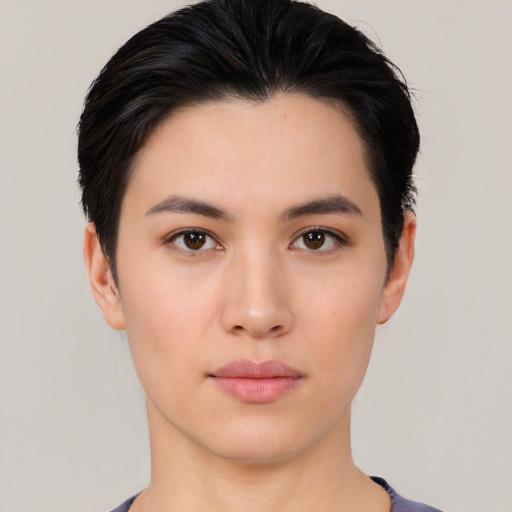 Neutral asian young-adult female with short  black hair and brown eyes