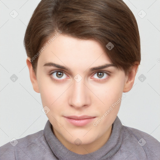 Neutral white young-adult female with short  brown hair and brown eyes