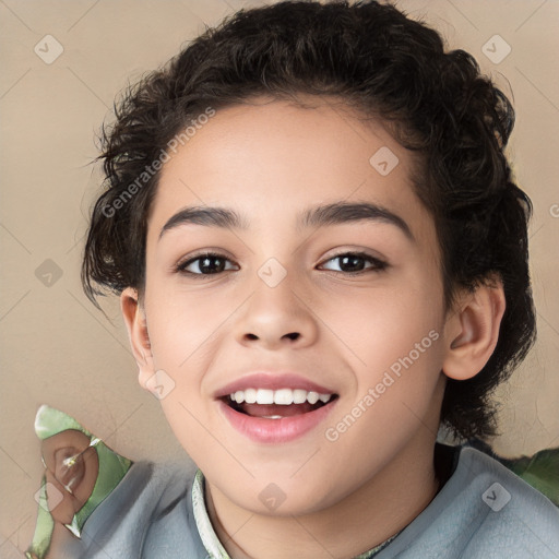 Joyful white child female with short  brown hair and brown eyes