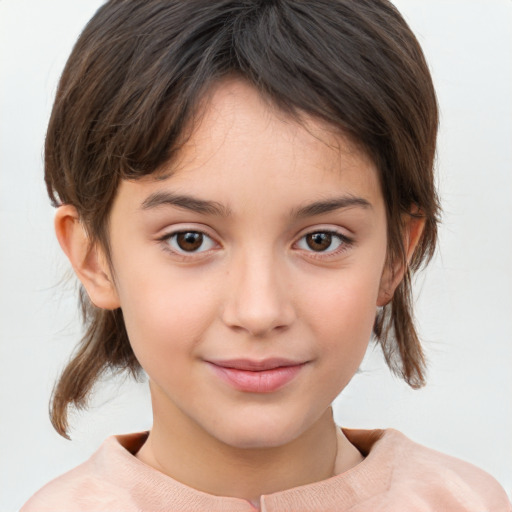 Joyful white child female with medium  brown hair and brown eyes